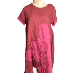 Peacock works 100 linen flower dusty rose dress, artsy designer pink size small